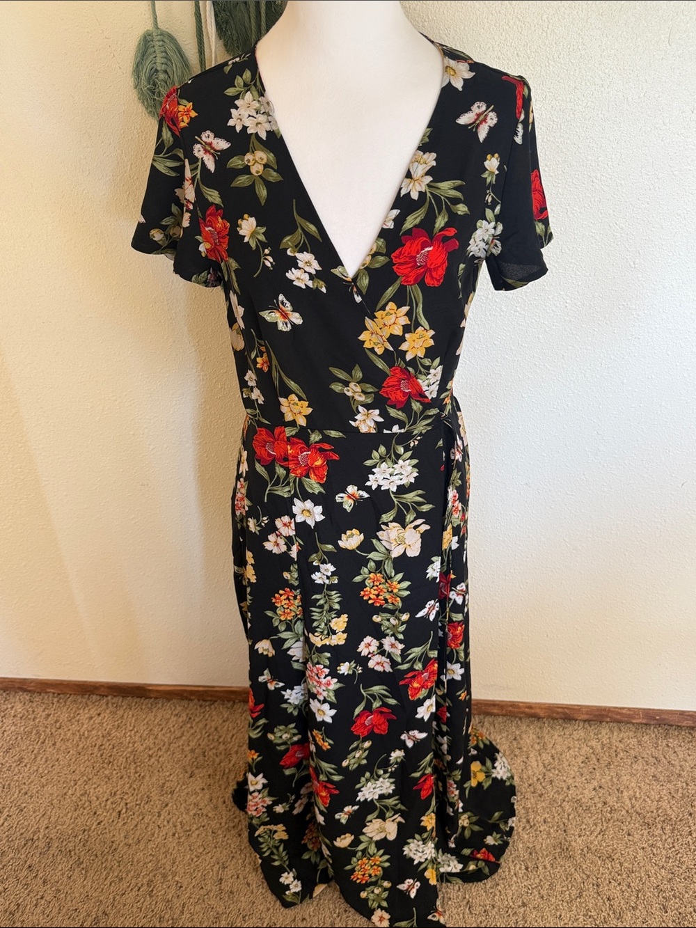 Sugarlips Black Floral Wrap Maxi Dress with Red & Yellow Blooms